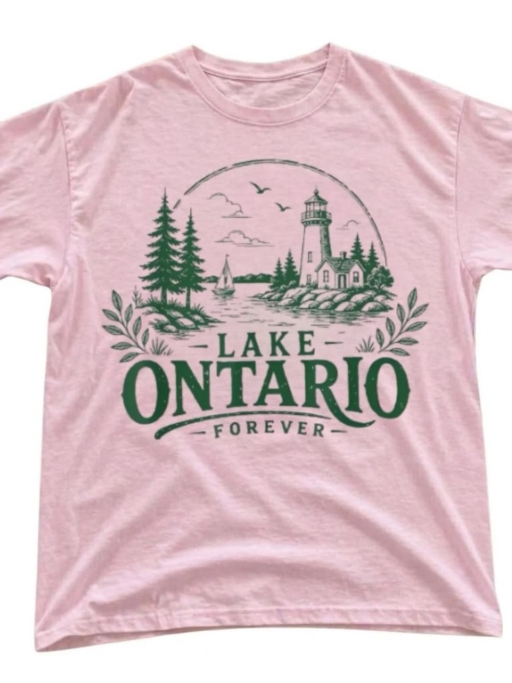 Pink Tee with Green Lake Ontario Graphic